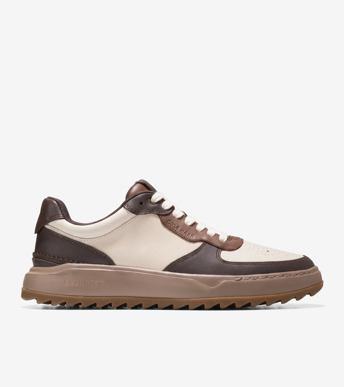 Cole Haan GP Crossover Golf men's sneaker in ivory and madeira brown, side view.