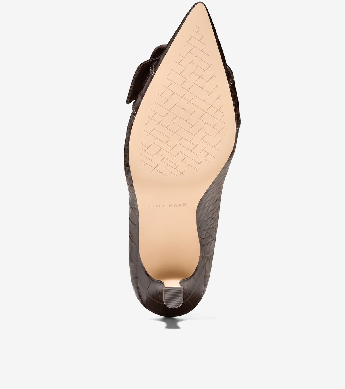 Dark chocolate croc print leather Fidela buckle pump with a pointed toe and kitten heel, shown from the bottom view.