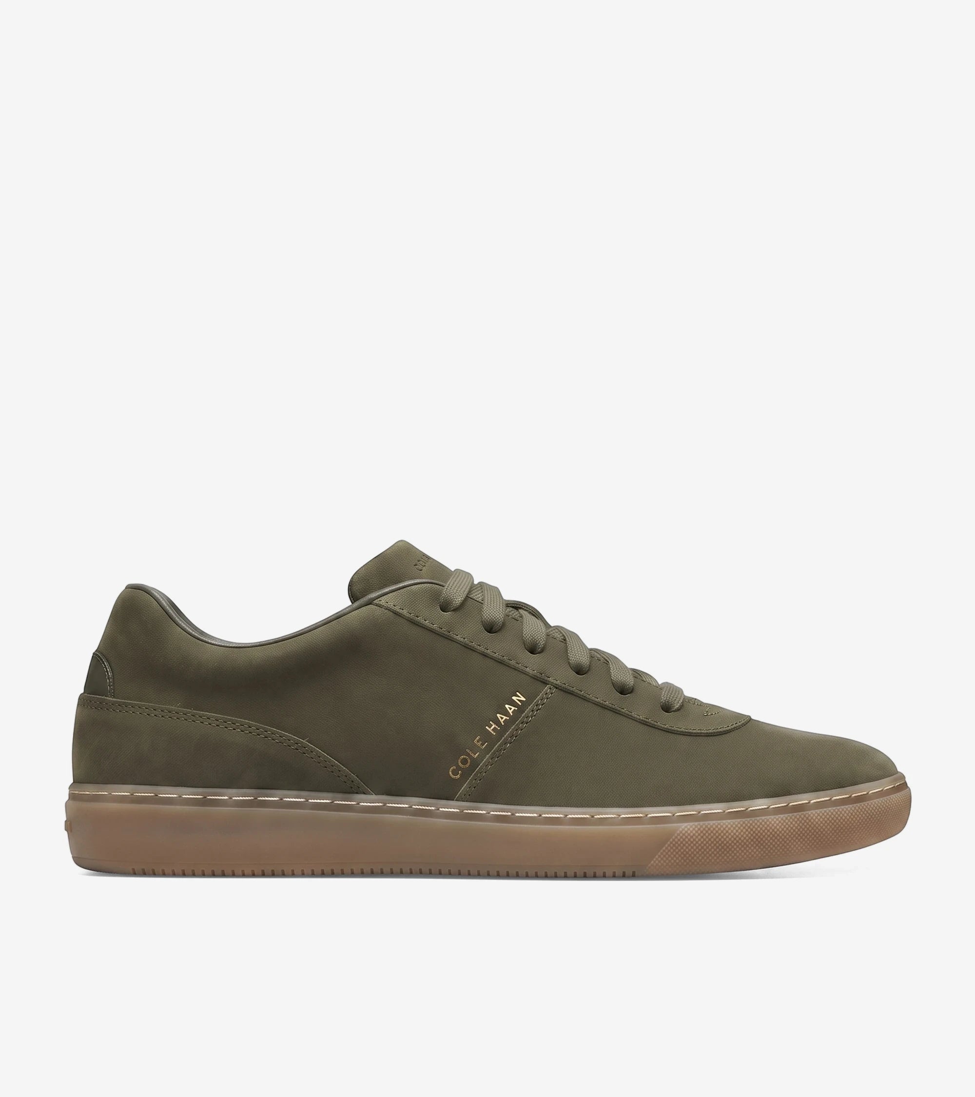 Men's GrandPrø Packwell Sneaker in olive green with a gum sole, shown in a side profile view.