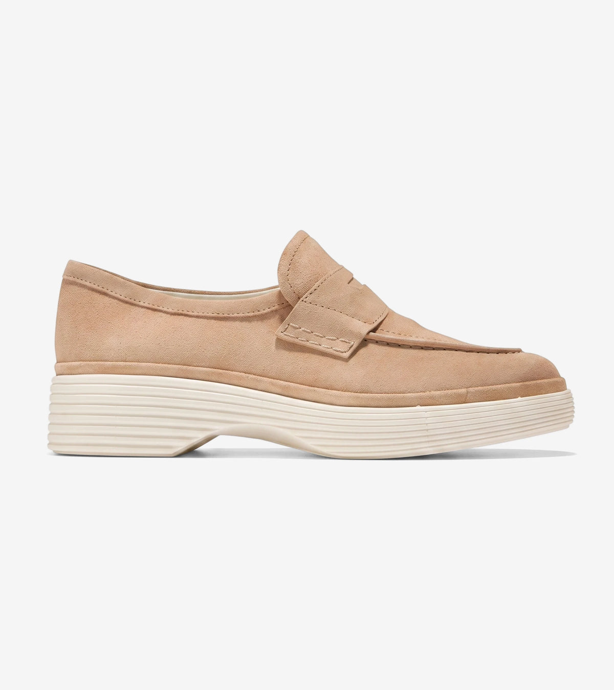 OG City Platform Penny Loafer in Tuscan Sand suede with a thick ivory platform sole, shown from the side.