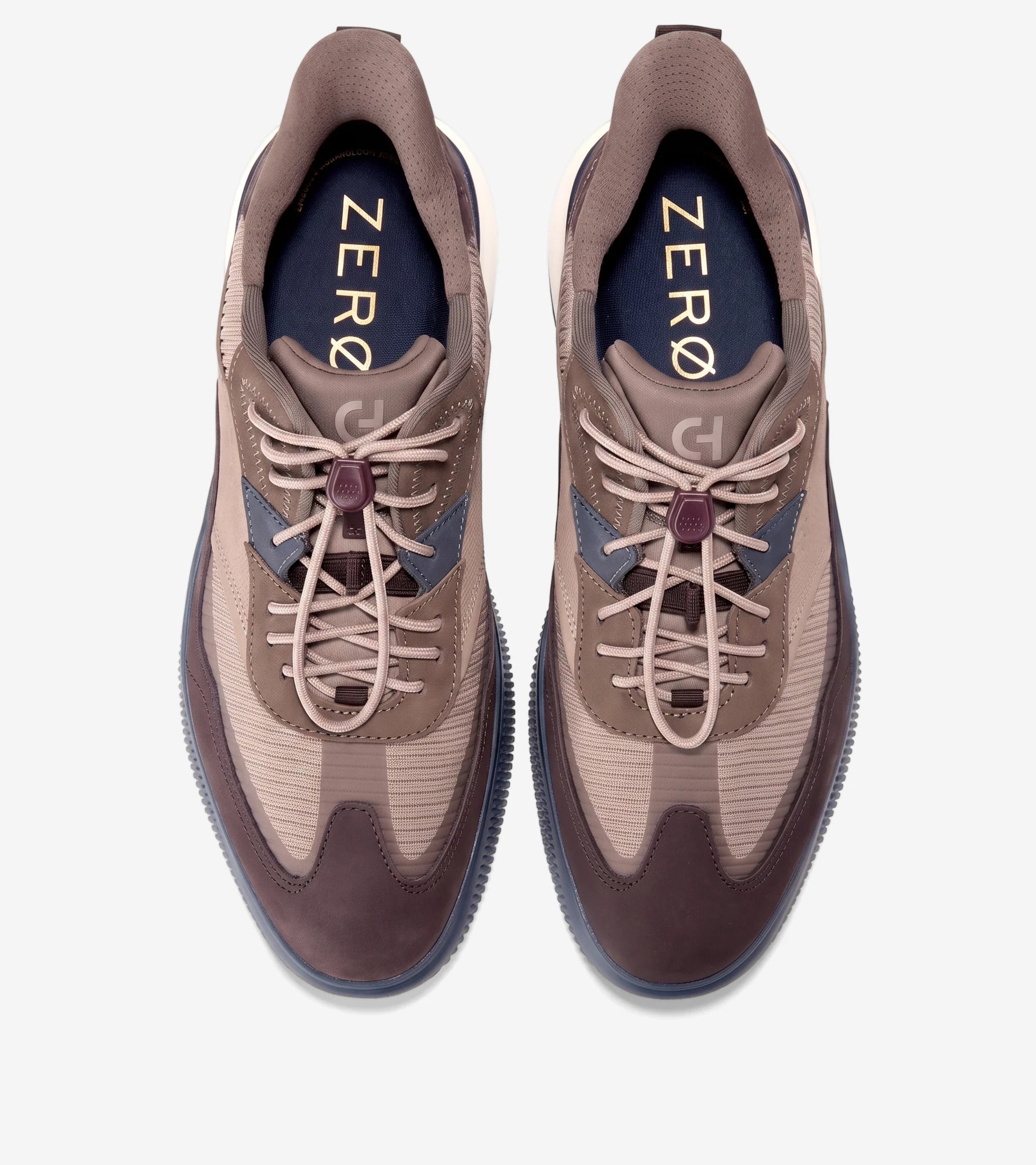 Pair of 6.ZEROGRAND sneakers in Irish Coffee nubuck and truffle, featuring beige mesh panels and criss-cross lacing.