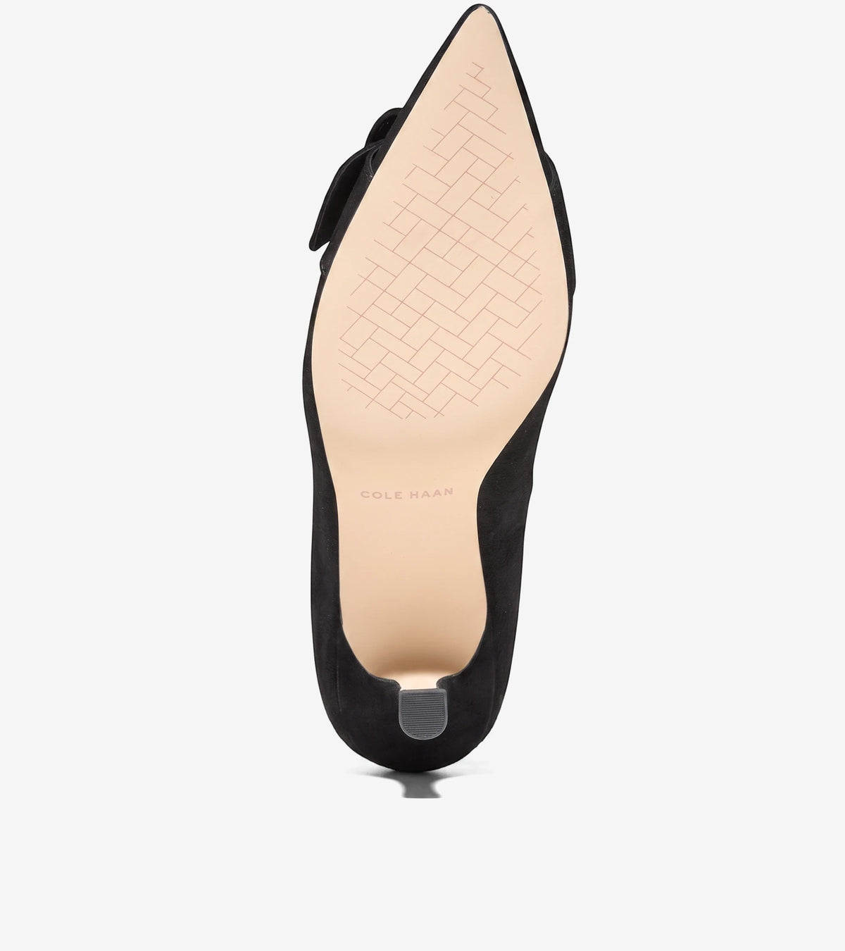 Black suede Fidela buckle pump, featuring a pointed toe, low heel, and the visible patterned outsole from a top-down