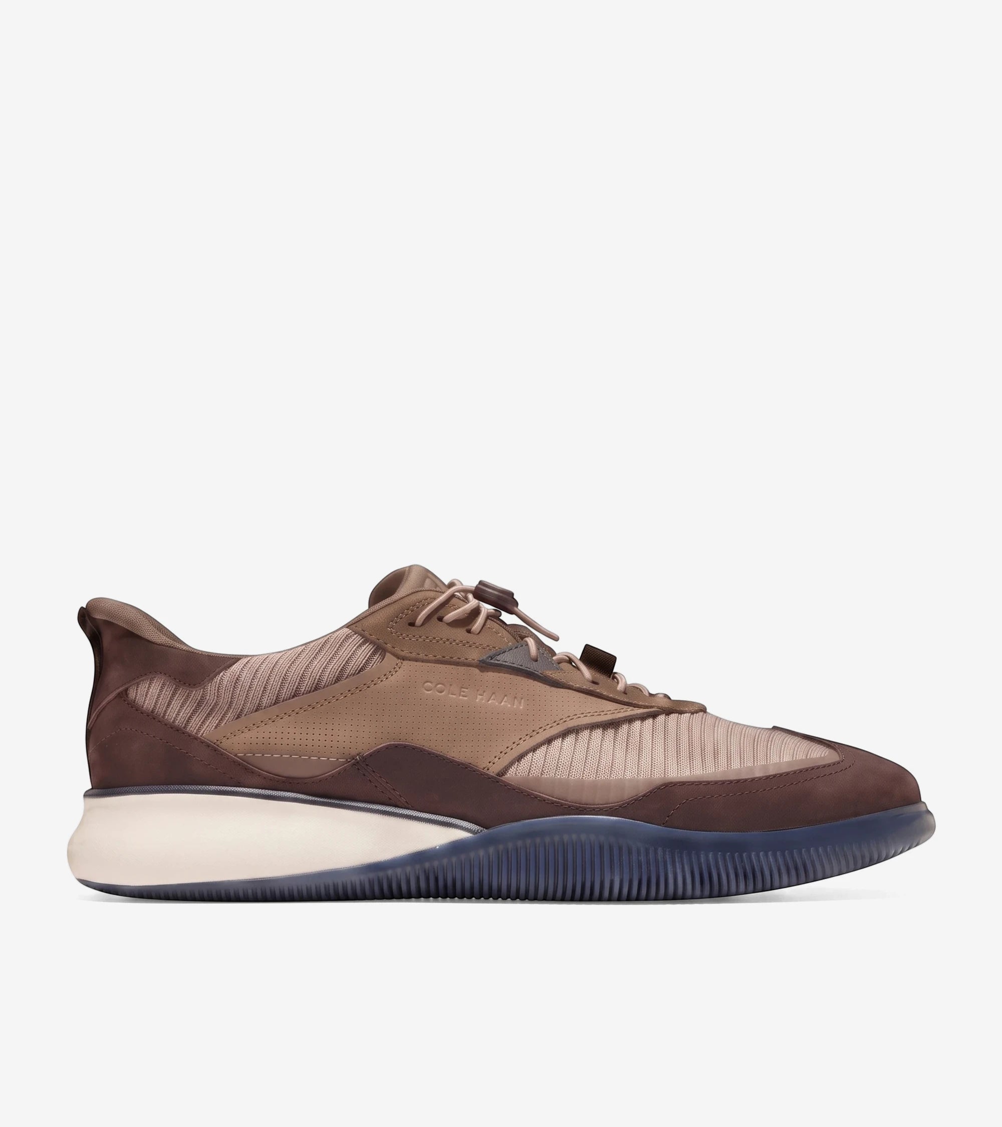 Cole Haan 6.ZEROGRAND sneaker in Irish Coffee Nubuck and Truffle brown, featuring a multi-textured upper and blue sole, side