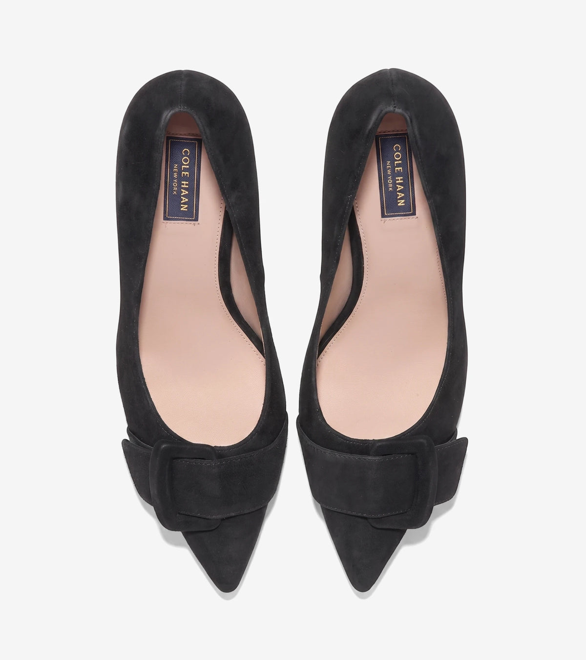 Pair of black suede Cole Haan Fidela Buckle Pumps with pointed toes and square buckle details, seen from a top-down view.