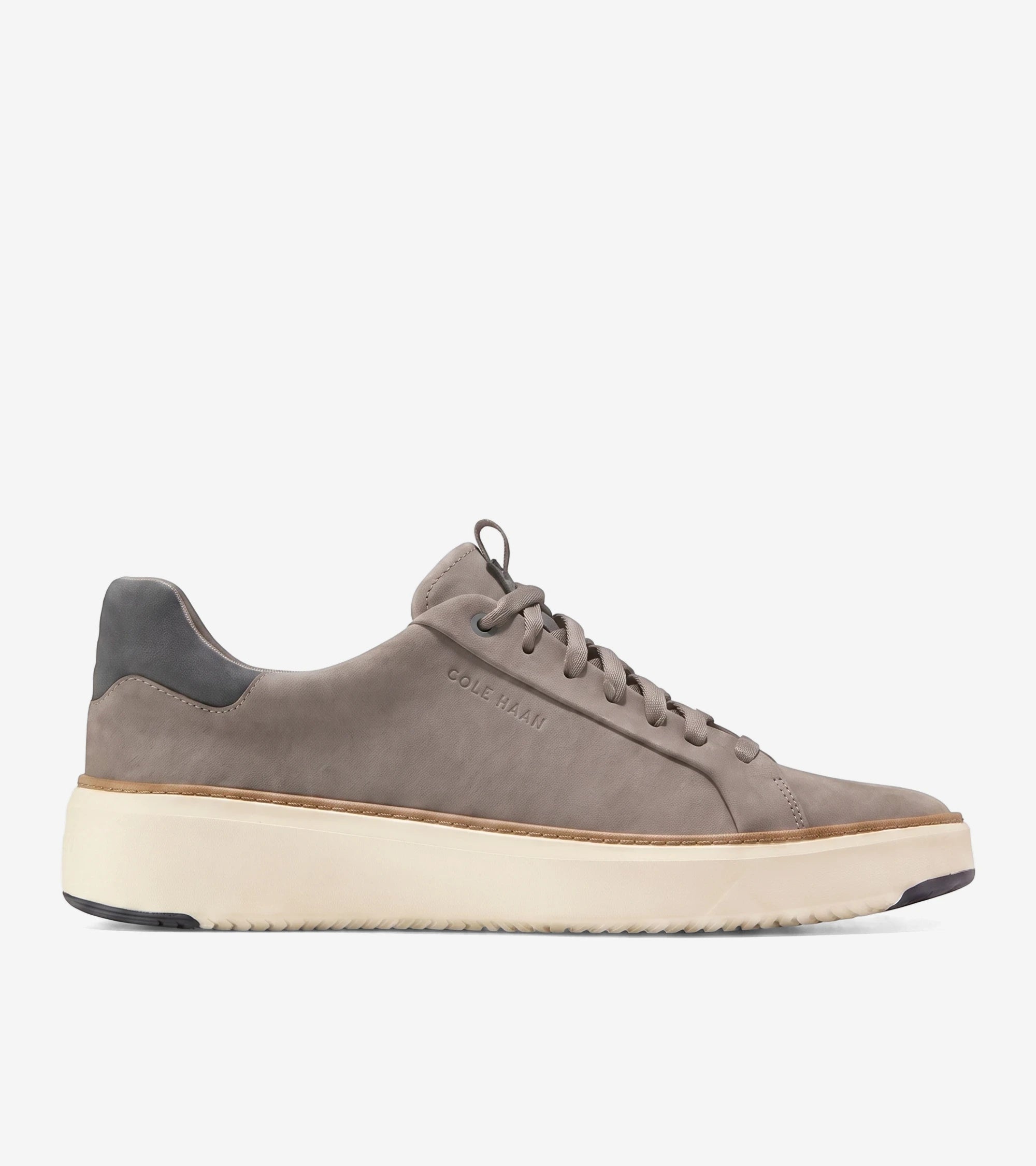 Men's Cole Haan GP Topspin WP sneaker in steel gray nubuck, featuring a thick cream sole, presented from a side view.