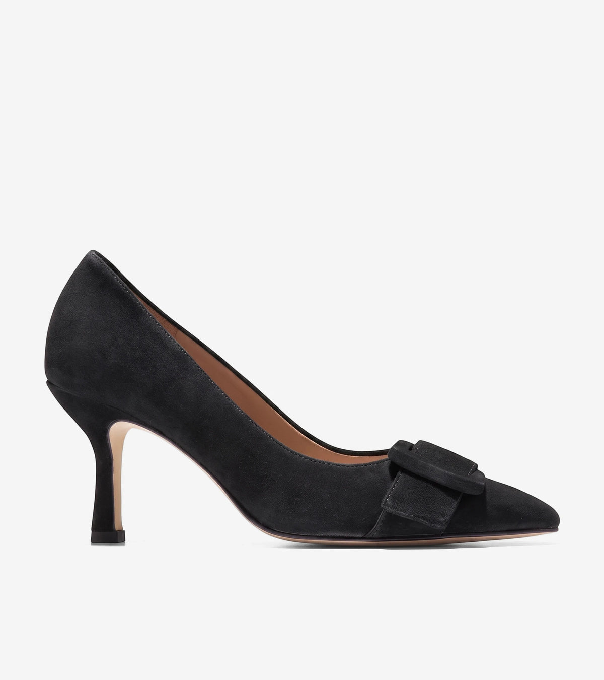 Black suede women's pump with a pointed toe, stiletto heel, and a decorative buckle detail, shown in a side profile.