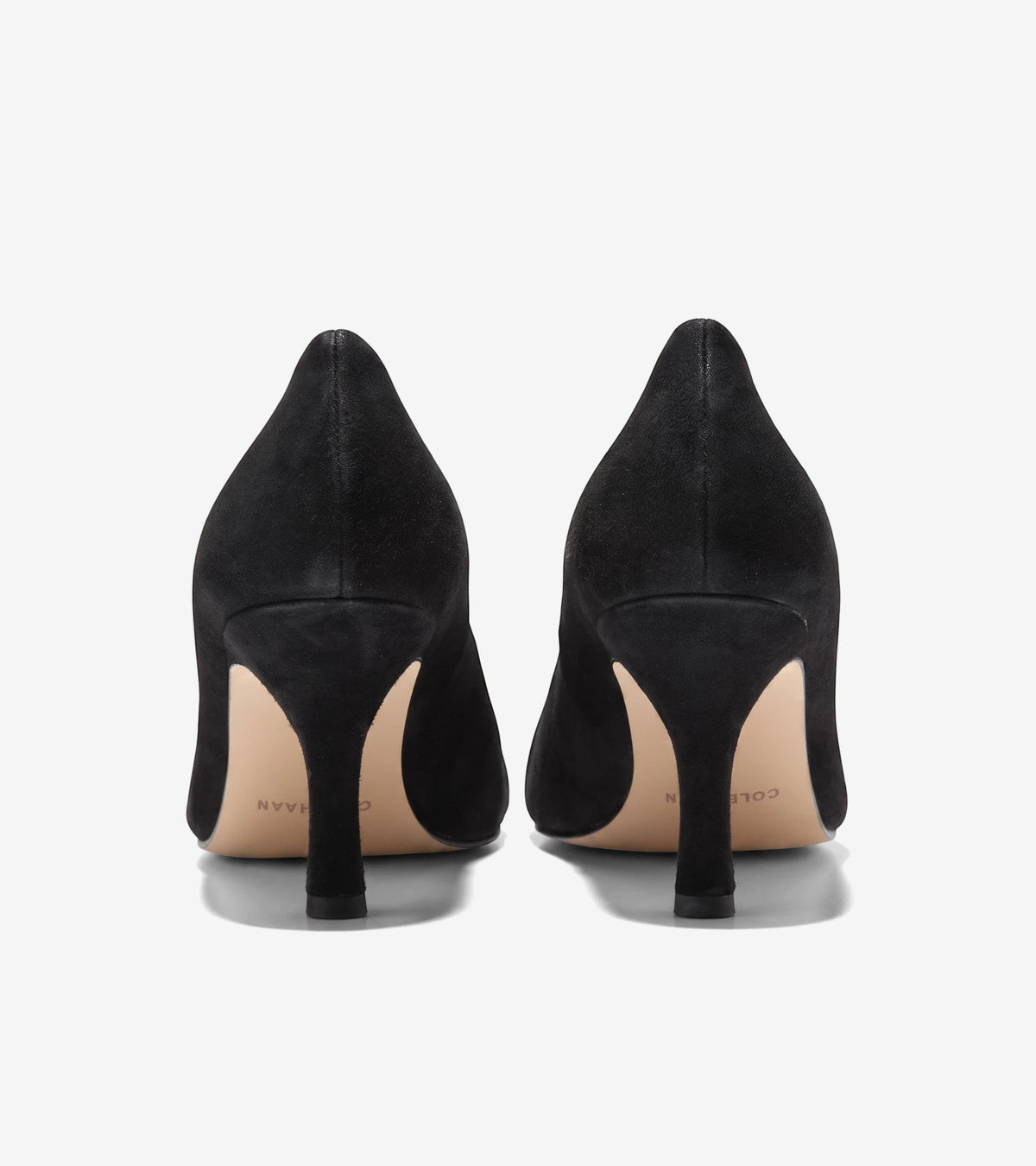 Black suede women's pumps, shown from the back, featuring a mid-height heel and light brown soles with visible branding.