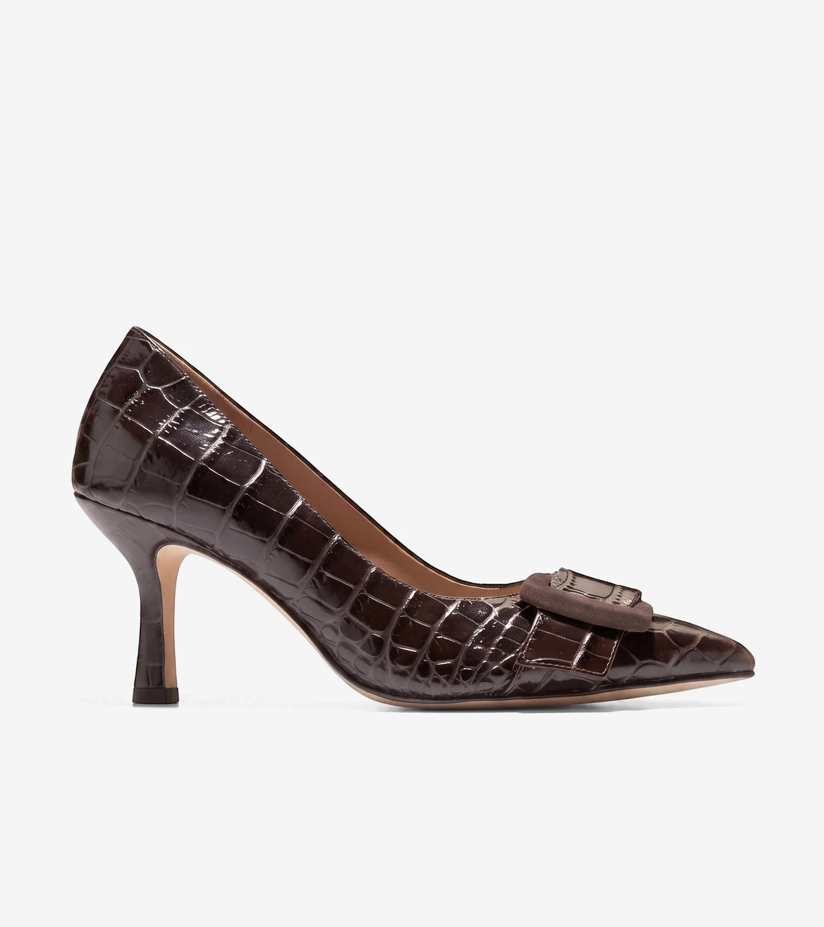 FIDELA BUCKLE PUMP in dark chocolate croc print leather, a high-heeled women's shoe with a pointed toe and decorative buckle.